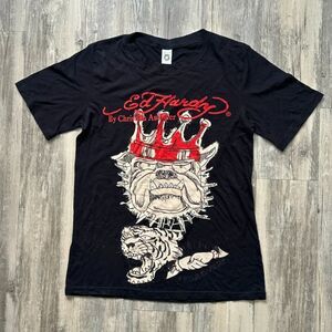 Y2K Ed Hardy Christian Audigier Crowned Bulldog Rhinestone T Shirt Size M